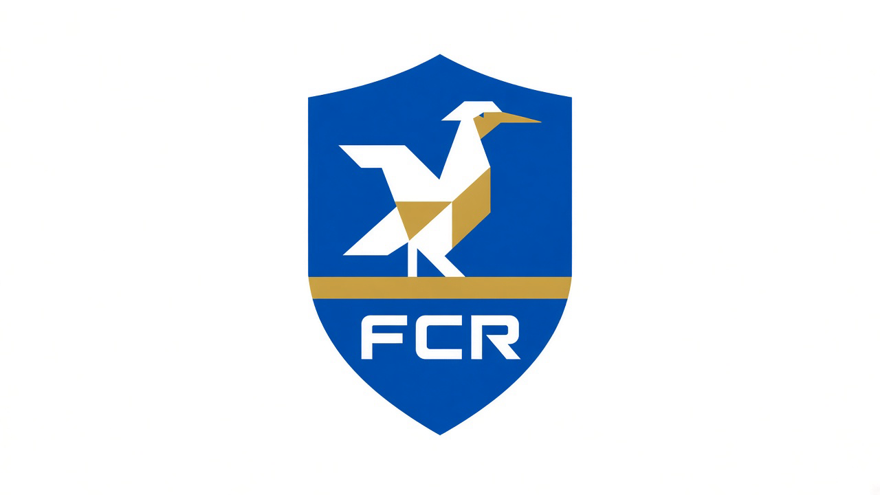 AI 生成の青・白・金のサッカークラブ紋章。文字は FCR