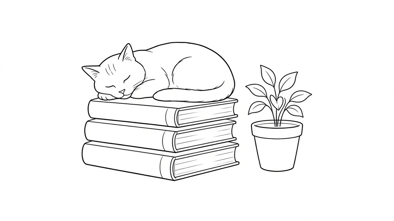 AI 生成の線画。本の上で眠る猫と、そばの鉢植え