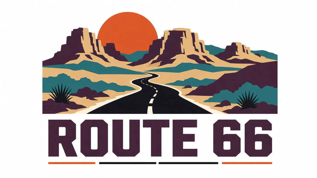 AI 生成の Route 66 砂漠プリント。道路、メサ、太い文字